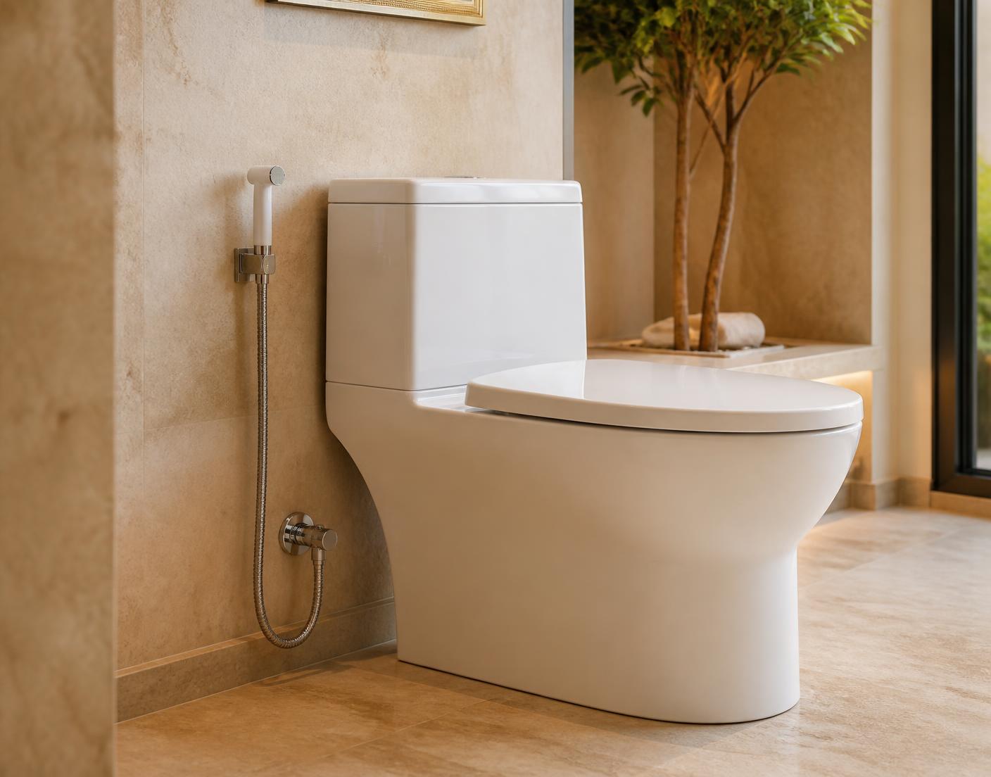 A warm-white Bath Method handheld bidet sprayer installed on the wall beside a modern toilet