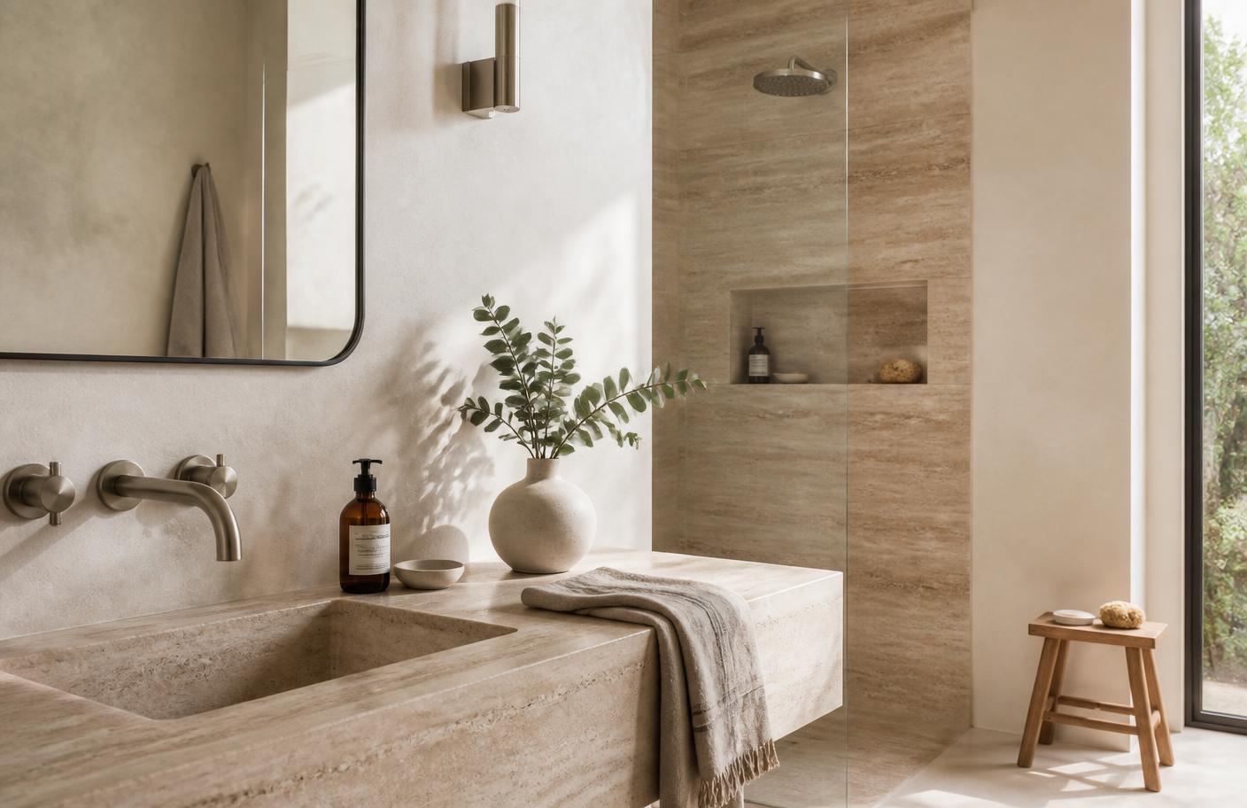 A calm, sunlit bathroom in warm travertine and cream
